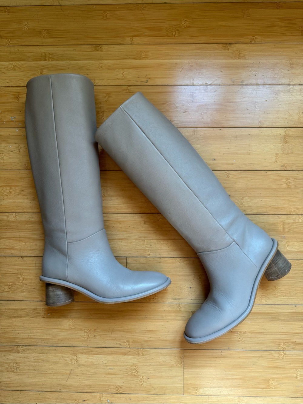 Alysi knee high low heel leather boots riding style square toe